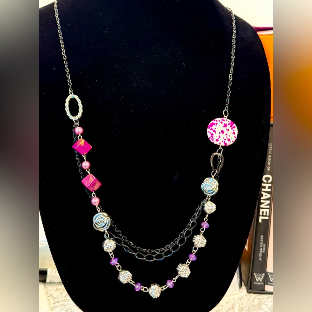 Layered Pink Bead and Silver Chain Necklace